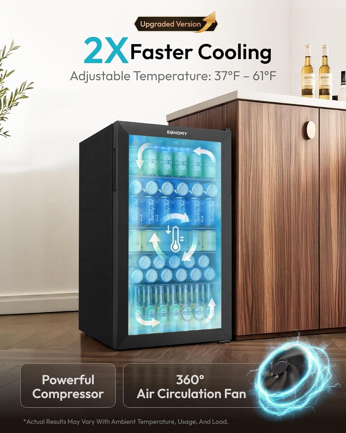 EUHOMY 130 Can Mini Fridge Beverage Refrigerator with Glass Door