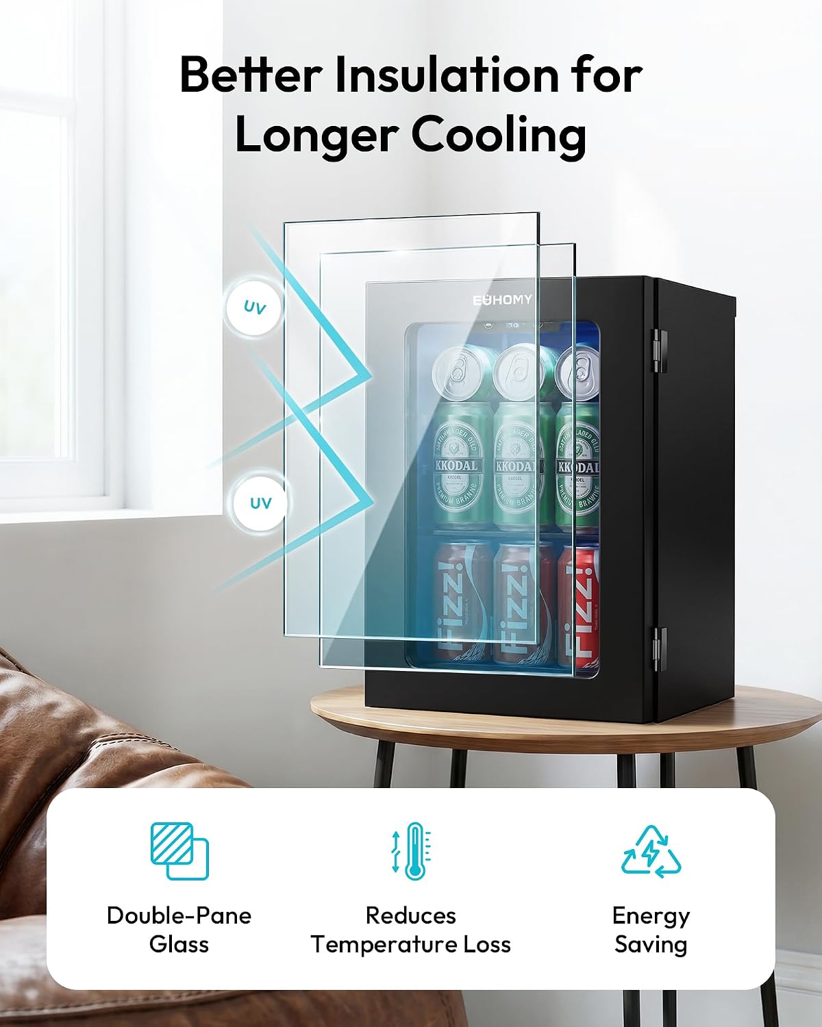 EUHOMY Beverage Refrigerator / Mini Fridge with Glass Door