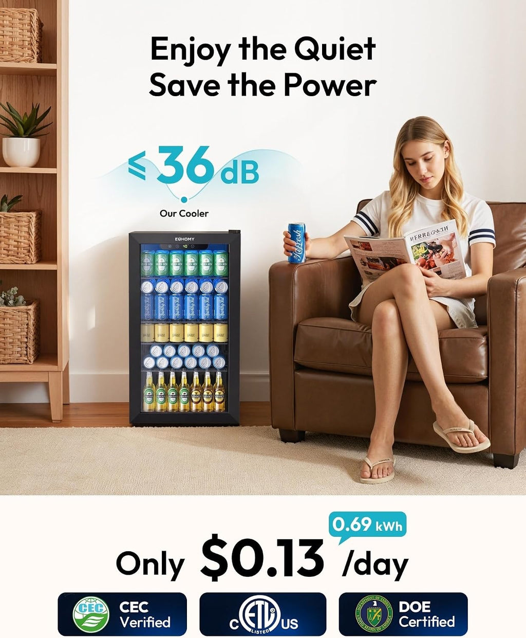 EUHOMY 130 Can Mini Fridge Beverage Refrigerator with Glass Door