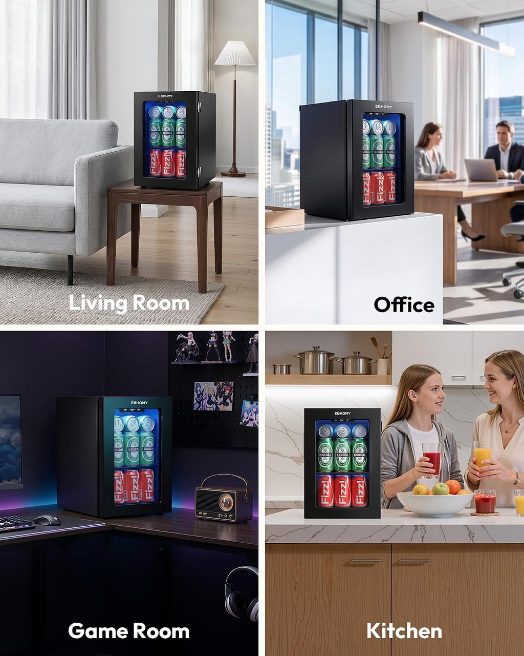 EUHOMY Beverage Refrigerator / Mini Fridge with Glass Door